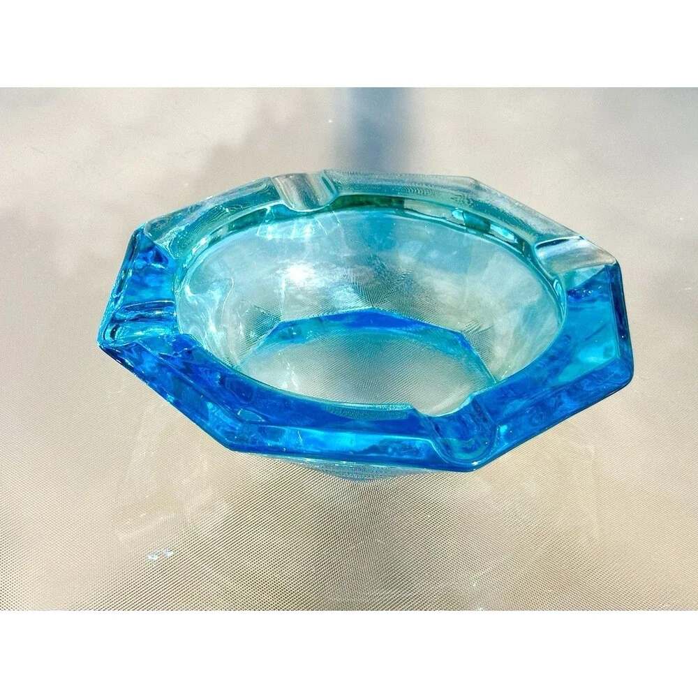 Vintage Hazel Atlas Capri Blue Glass Ash Tray Cigar Trinket Dish octagon 6 5/8